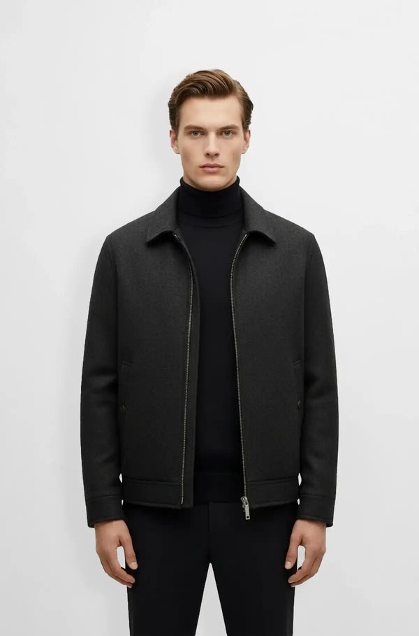 Dark Charcoal Wool Bomber Jacket Front view