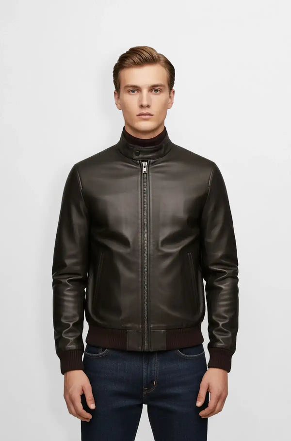 Dark Chocolate Brown Leather Bomber Jacket Front view
