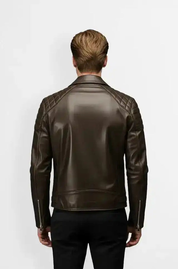 Dark Chocolate Quilted Biker Leather Jacket Back Usa