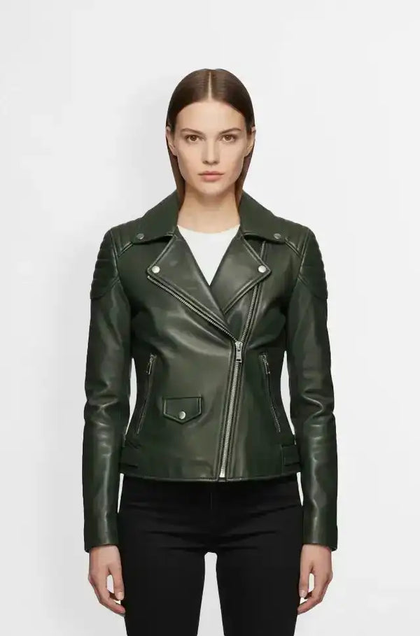 Dark Green Biker Leather Jacket