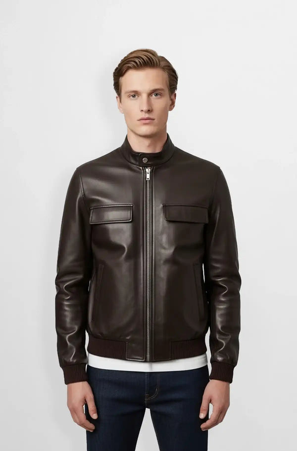 Deep Mahogany Brown Leather Bomber Jacket Front view