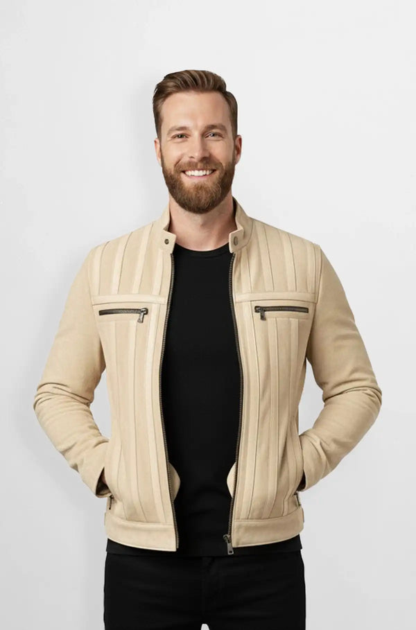 Designer Beige Cream Suede Biker Jacket Front view