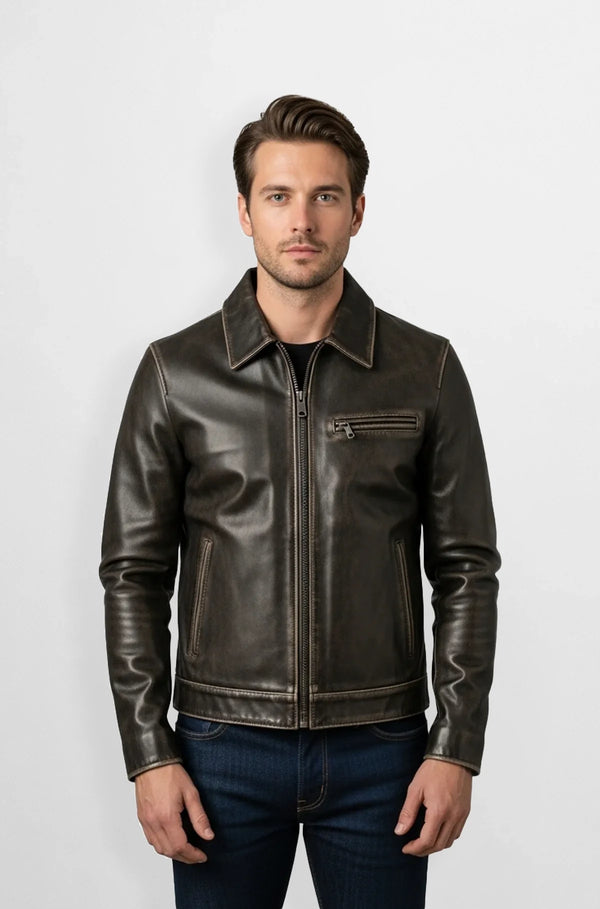 Distressed Dark Brown Leather Racer Jacket Front view