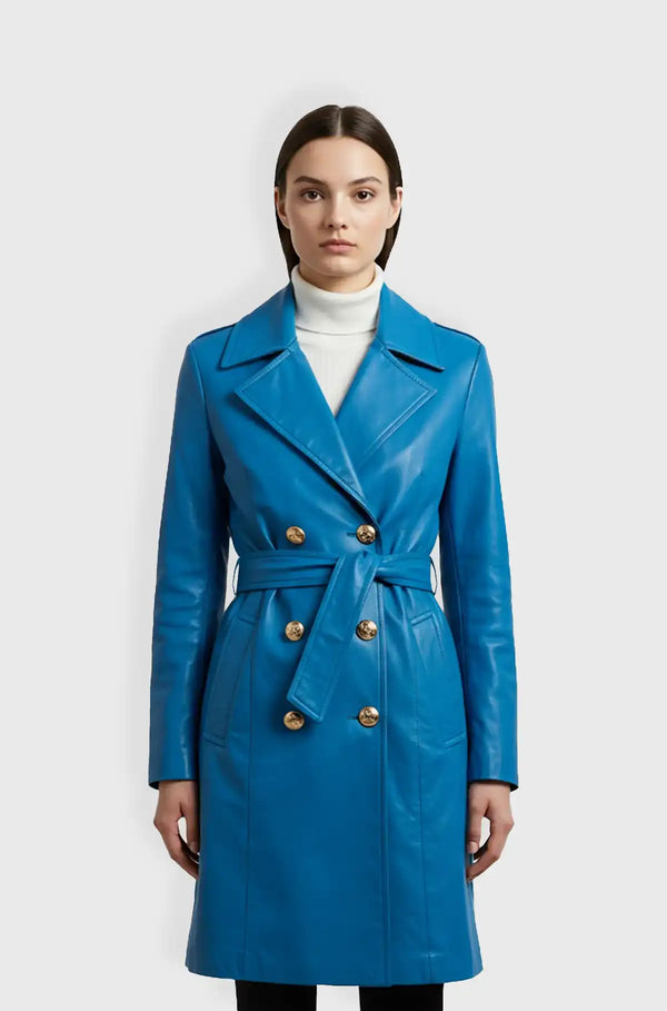 Double Breasted Sky Blue Leather Trench Coat Front view