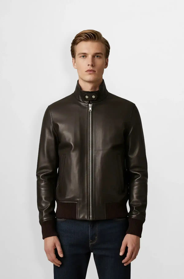 Espresso Brown Leather Bomber Jacket Front view