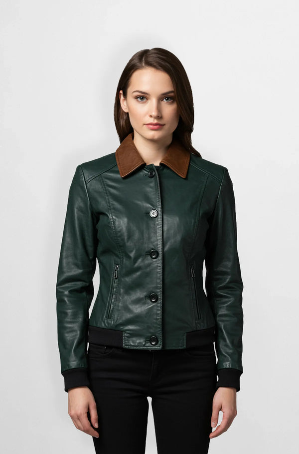 Forest Green Leather Bomber Jacket Front view