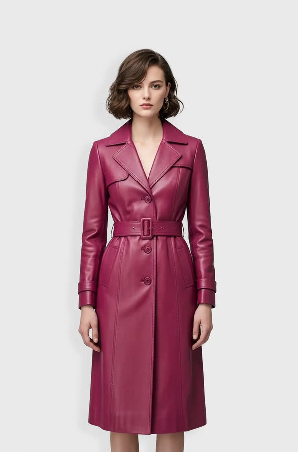 Fuchsia Pink Leather Trench Coat Front view
