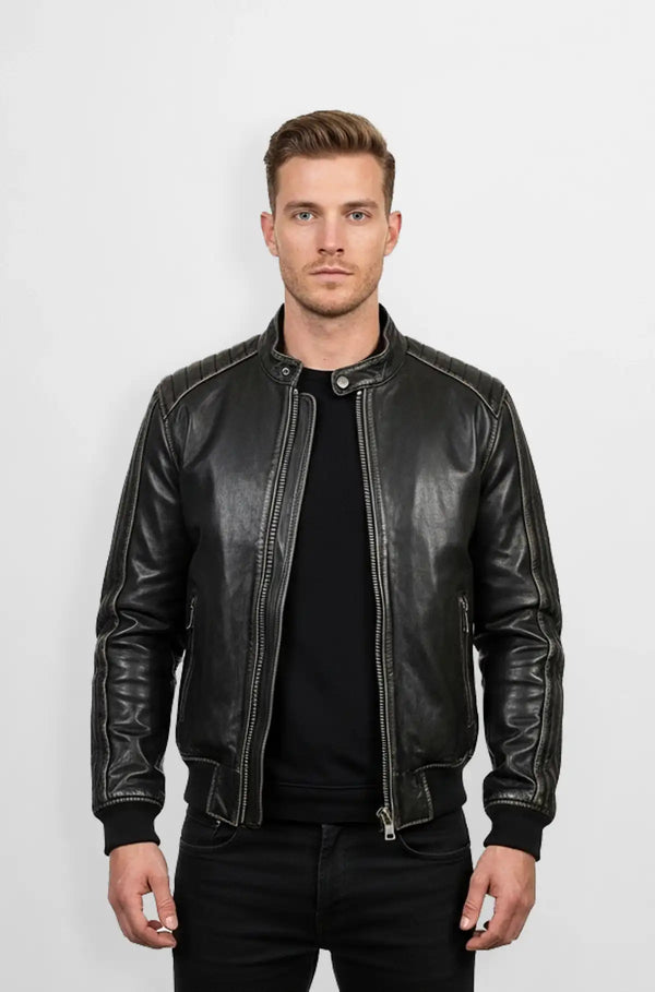 Genuine Black Leather Bomber Jacket