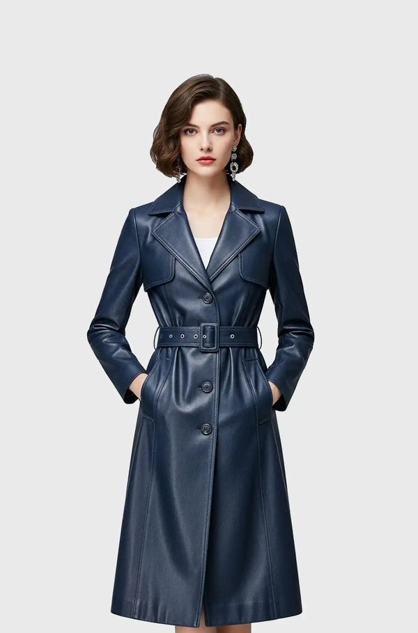 Genuine Dark Navy Leather Trench Coat