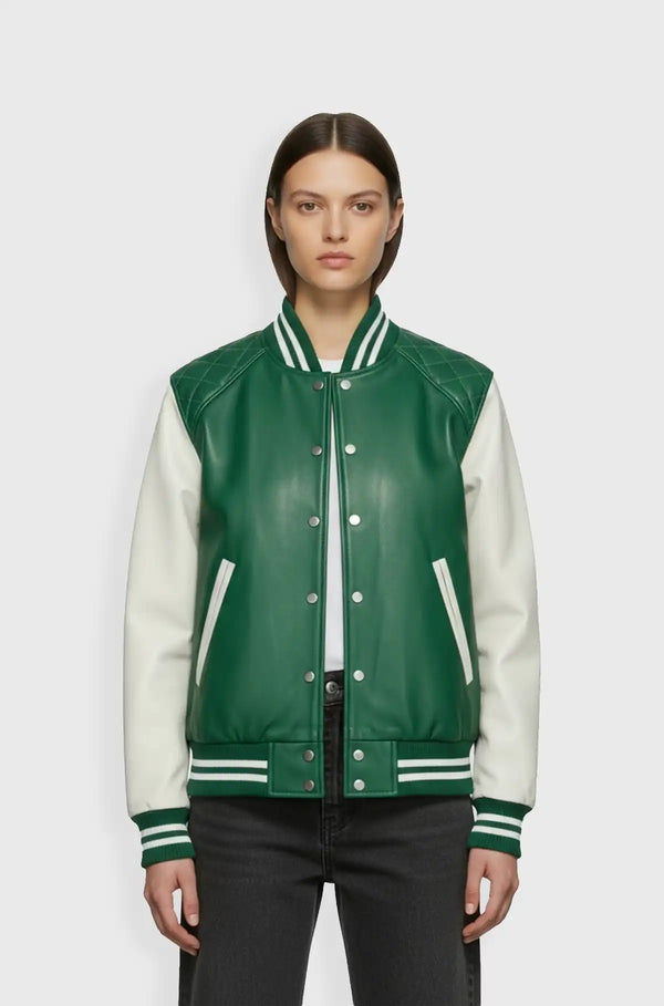 Green White Varsity Leather Jacket