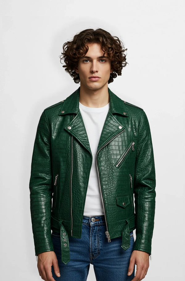 Green Crocodile Leather Biker Jacket For Mens Front view
