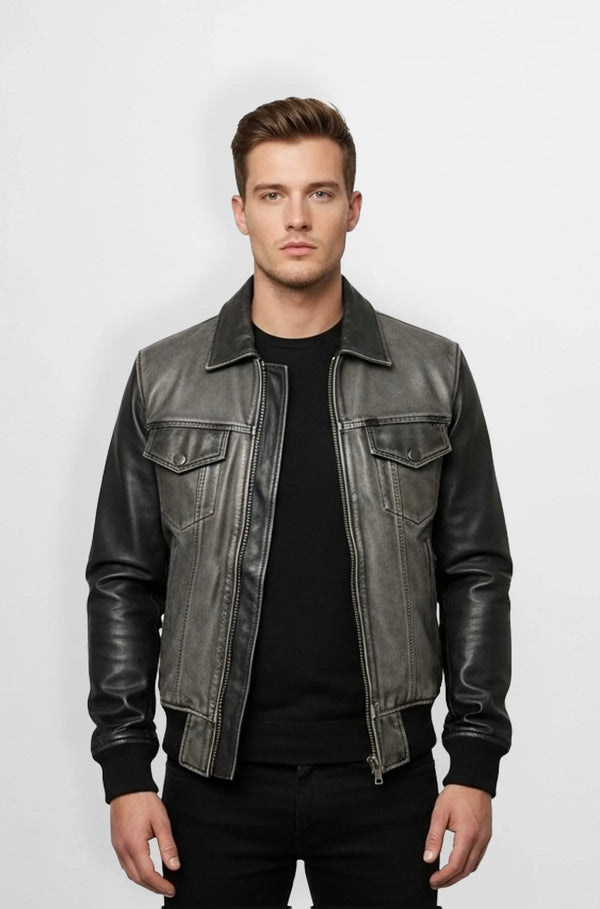 Grey And Black Leather Aviator Jacket