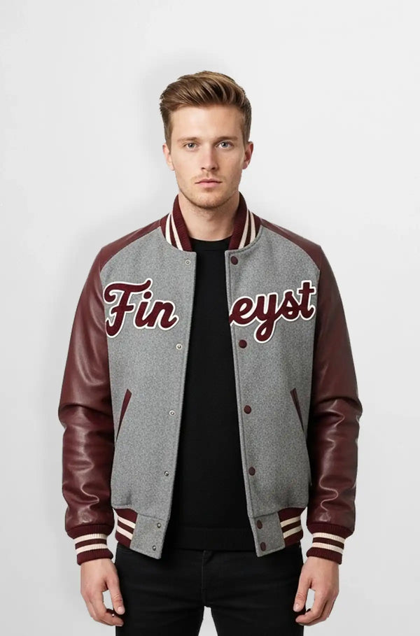 Grey Heather Wool Leather Panel Varsity Jacket Front viewGrey Heather Wool Leather Panel Varsity Jacket