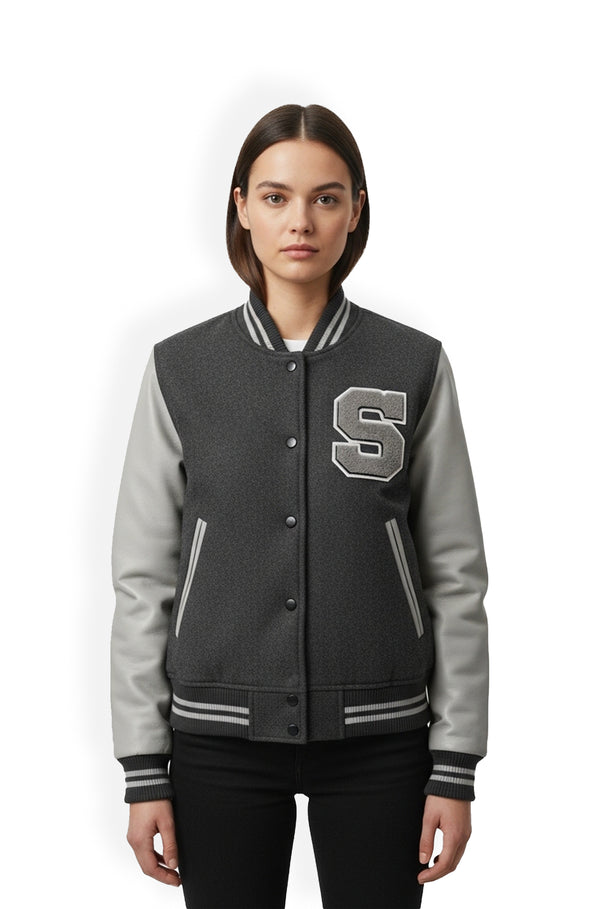 Grey Varsity Leather Jacket front view