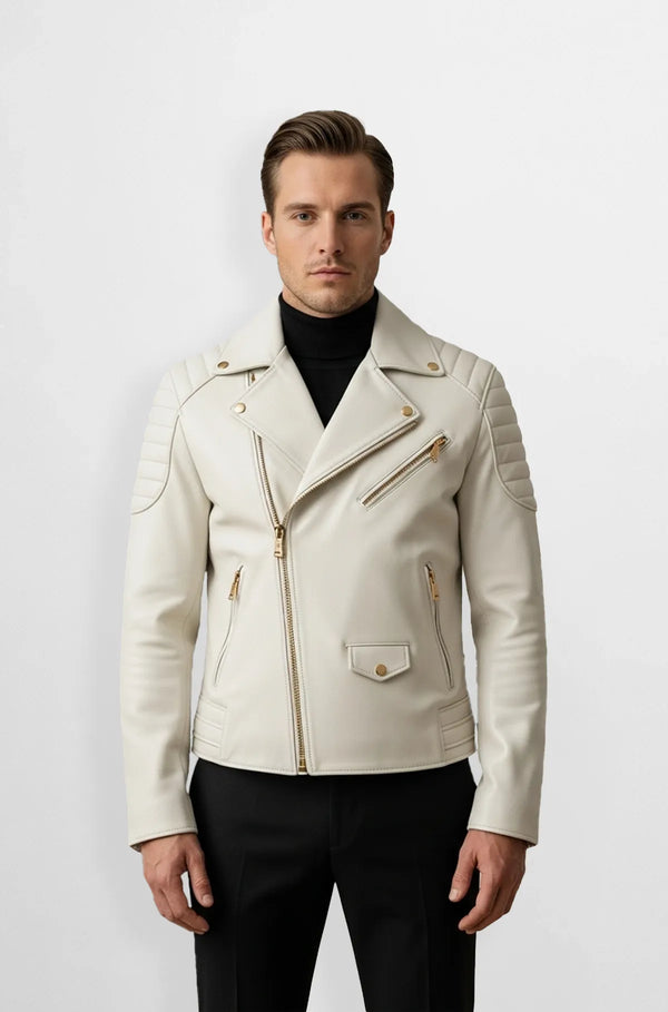 Ivory Rebel Cream Biker Leather Jacket Front view