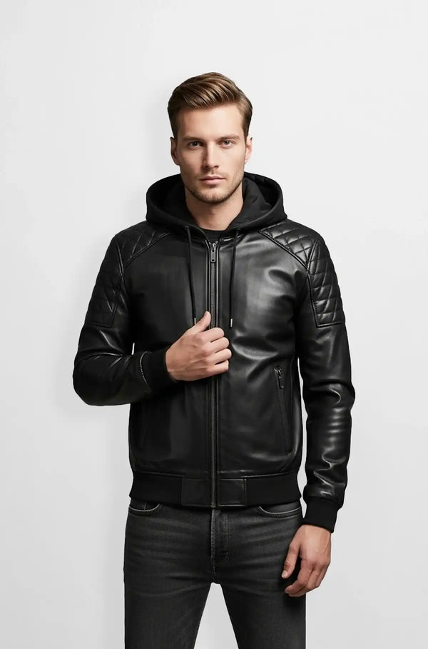 Jet Black Bomber Leather Jacket with Hoodie