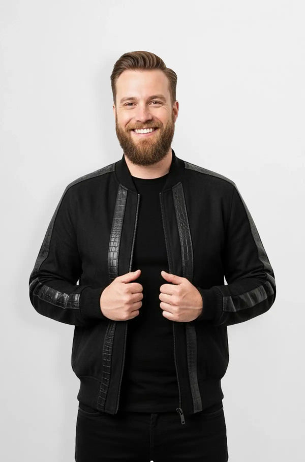 Jet Black Crocodile Suede Leather Bomber Jacket Front view