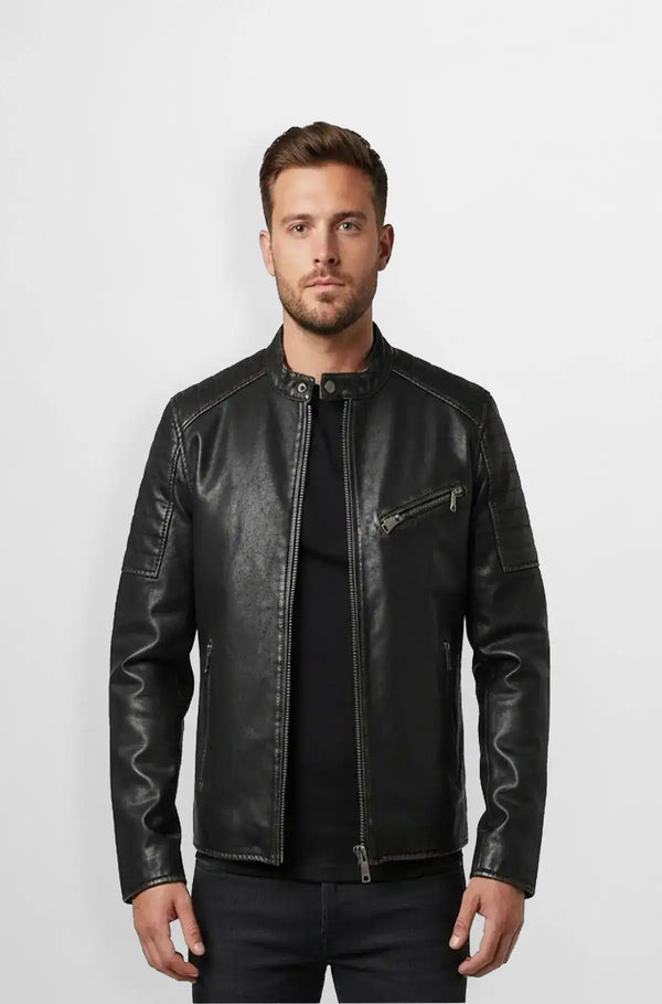 Jet Black Leather Biker Jacket Front view