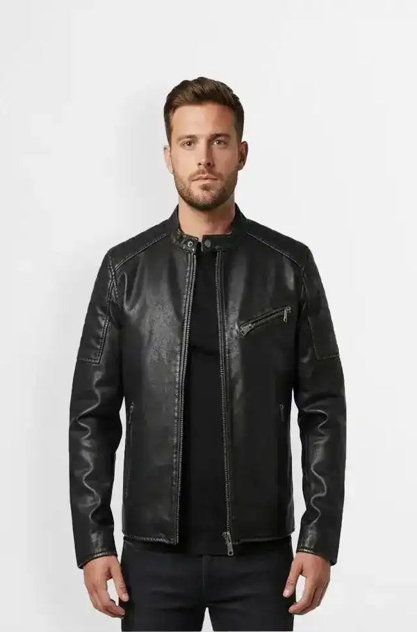 Jet Black Leather Cafe Racer Jacket Front view