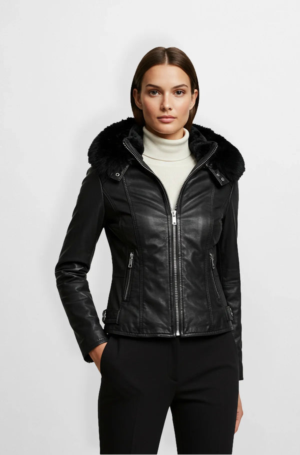 Jet Black Moto Fur Hooded Leather Jacket Front view