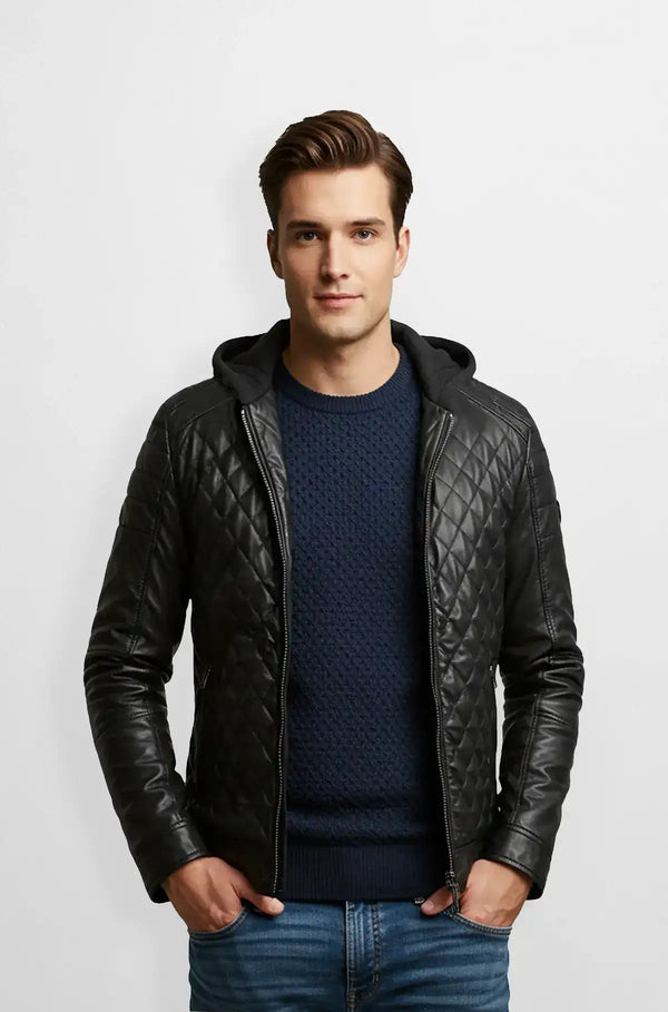 Jet Black Quilted Leather Hoodie Jacket Front view