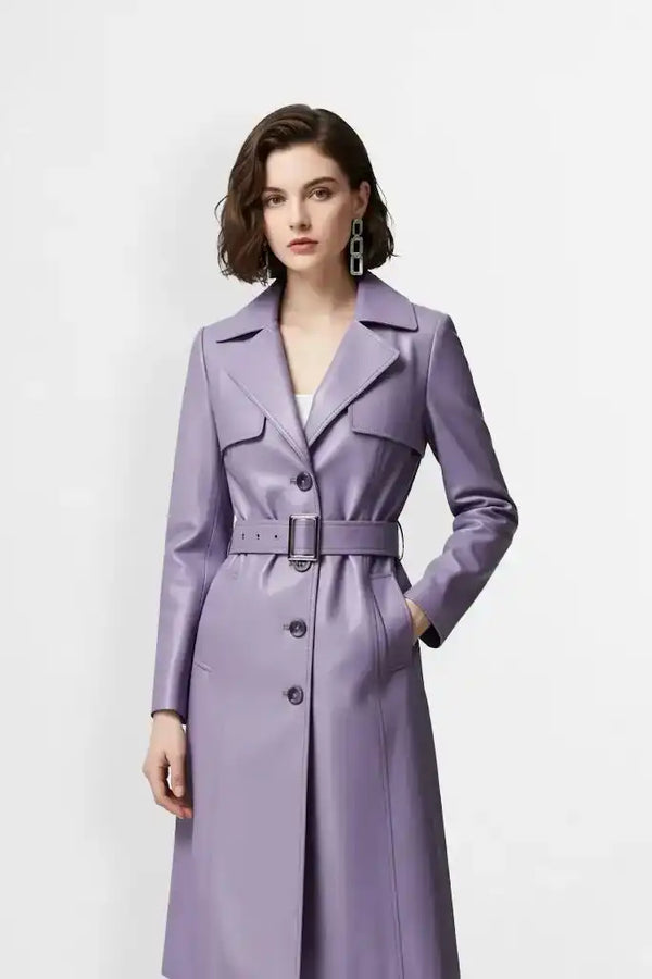 Lavender Purple Leather Trench Coat Front view