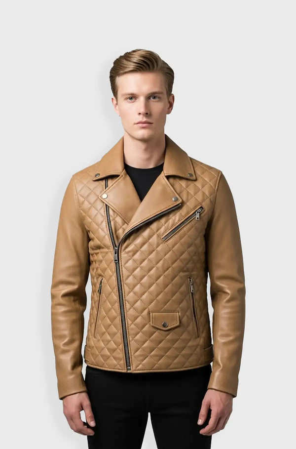 Light Brown Quilted Leather Biker Jacket Front view