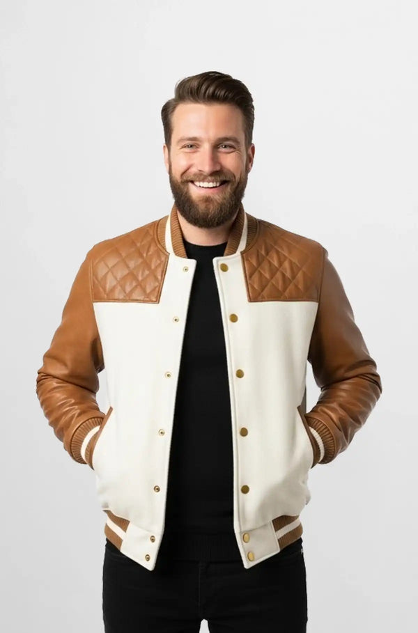 Light Brown Quilted Suede Leather Varsity Jacket Front view