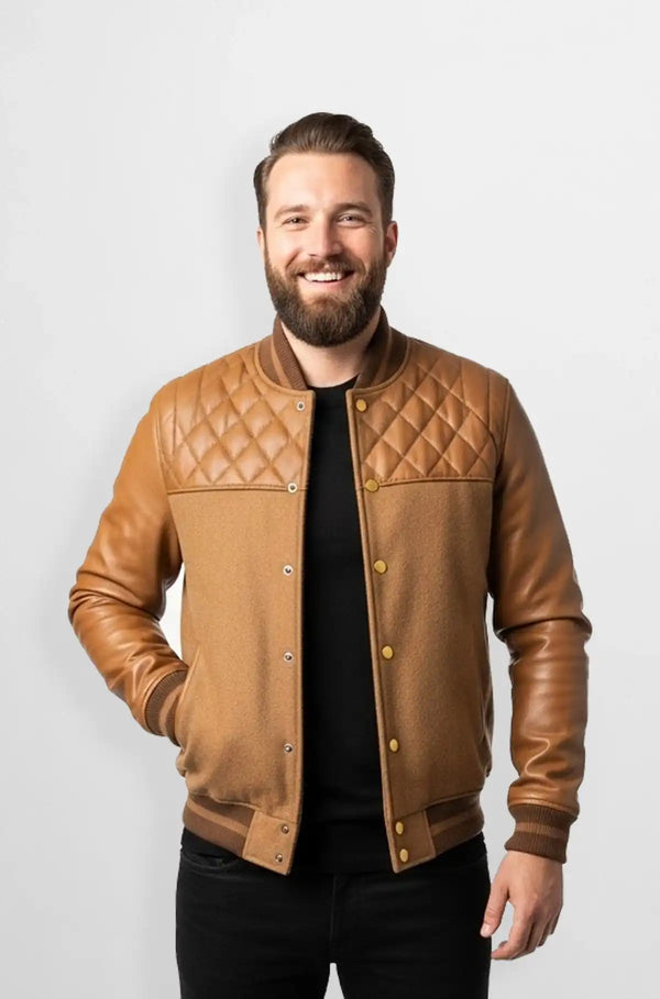 Light Brown Quilted Wool Leather Varsity Jacket Front view