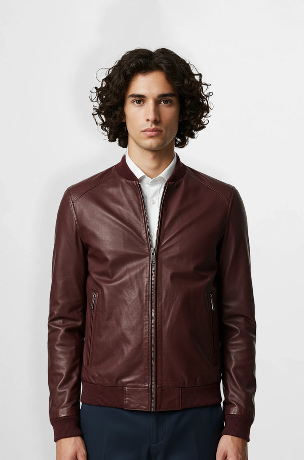 Maroon Leather Bomber Jacket front view