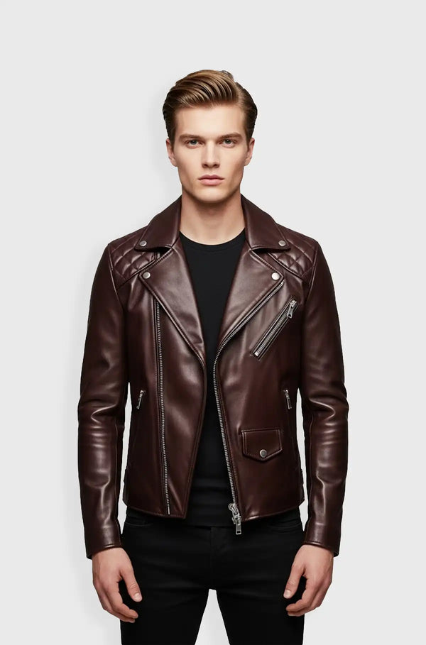 Maroon Rebel Quilted Biker Jacket Front Usa