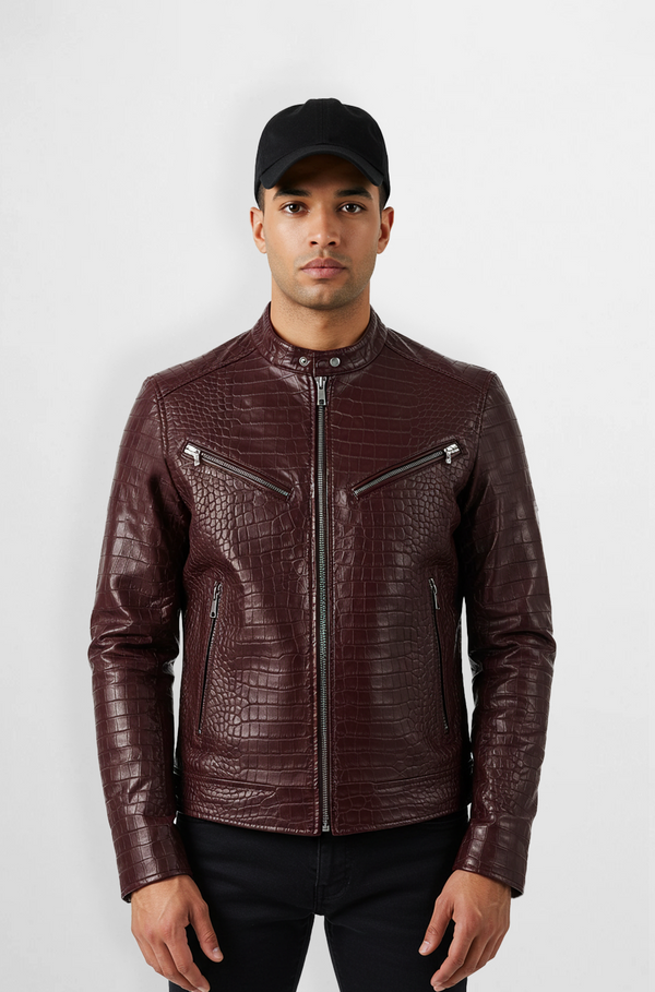 Maroon crocodile leather biker jacket front view