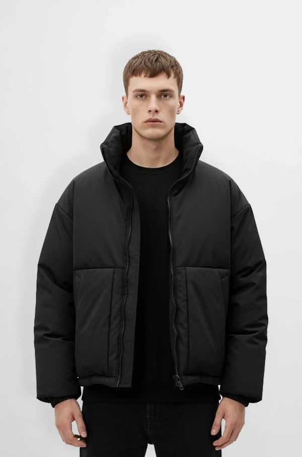 Matte Black Lightweight Puffer Jacket Front view