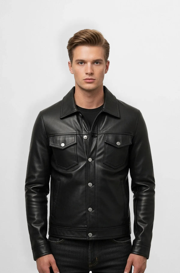 Matte Black Premium Leather Trucker Jacket Front view