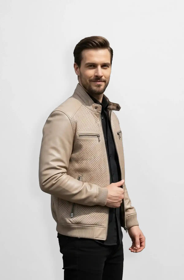 Mens Beige Perforated Bomber Leather Jacket front view