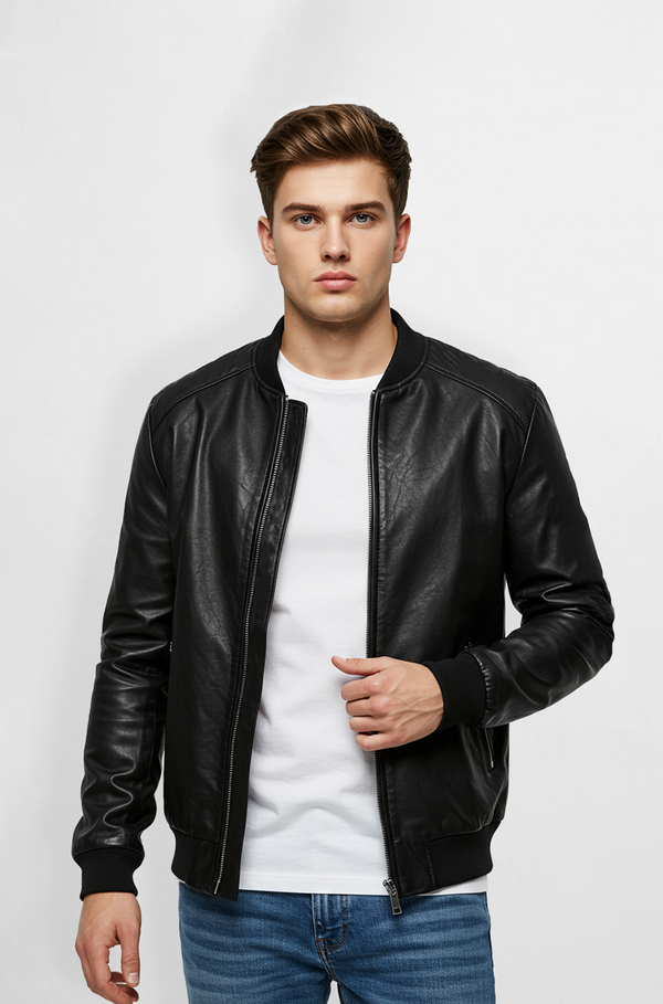 Mens Black Leather Bomber Jacket