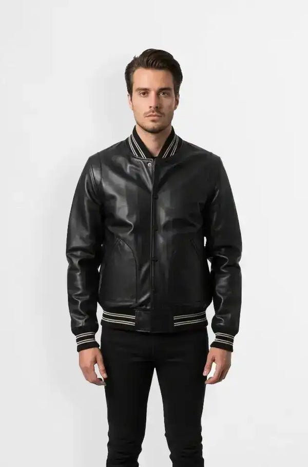 Men's Black Leather Varsity Jacket Front view