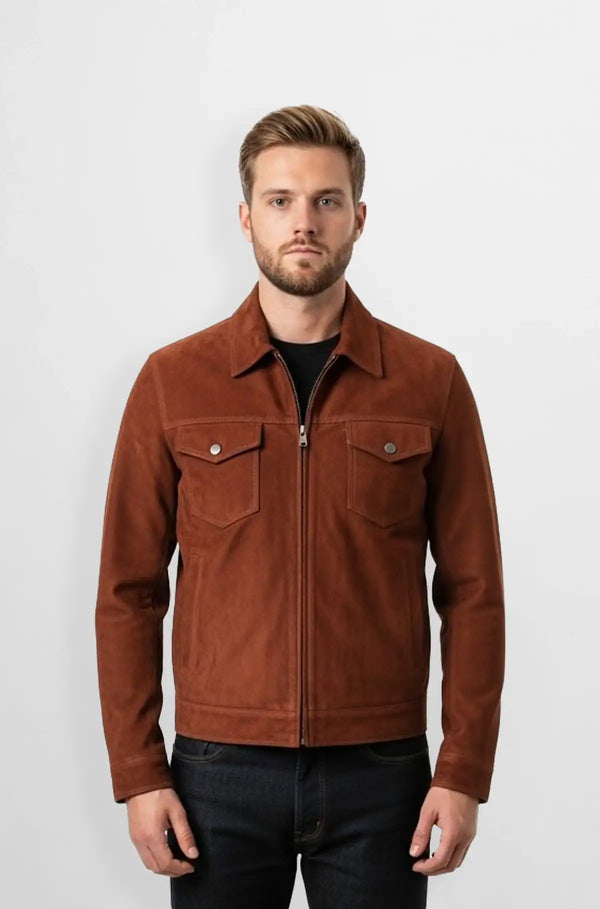 Men's Brown Suede Trucker Jacket Front view