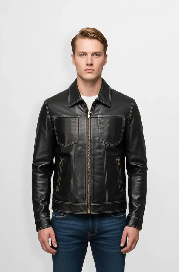 Men's Classic Black Leather Bomber Jacket Front view