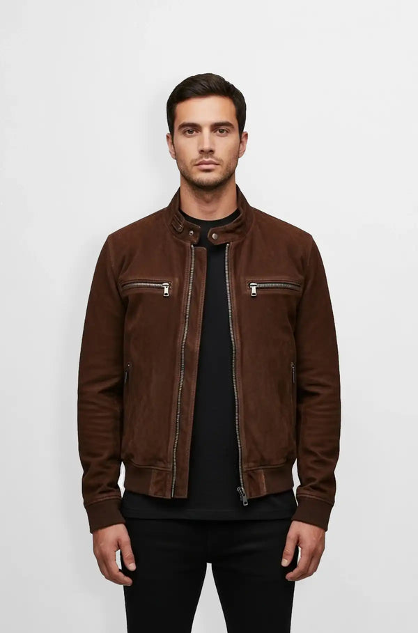 Men's Espresso Brown Suede Aviator Jacket Front view