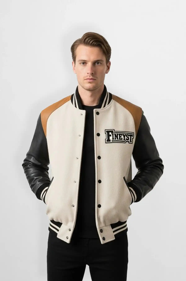 Men's Ivory Wool Leather Varsity Jacket Front view