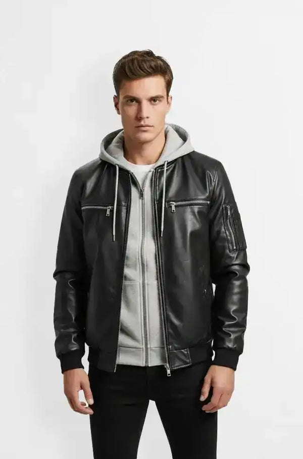 Men's Jet Black Leather Bomber Jacket Front view