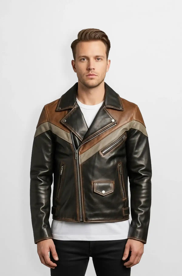 Men's Multicolor Leather Moto Jacket Front view