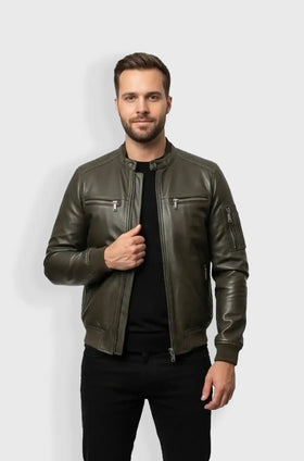 Mens Olive Green Bomber Leather Jacket