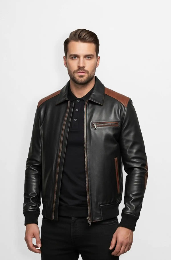 Mens Premium Black and Brown Leather Bomber Jacket