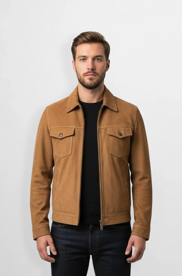 Men's Tan Suede Trucker Jacket Front view