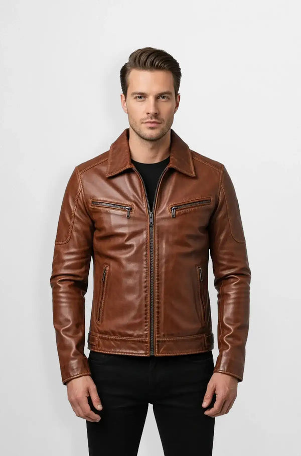 Men's Whiskey Brown Leather Biker Jacket Front view