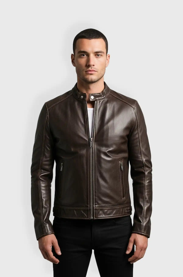Mens Brown Cafe Racer Leather Jacket