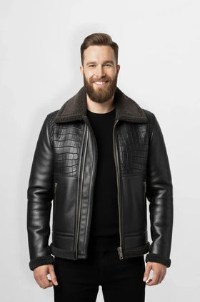 Midnight Black Crocodile Luxe Aviator Jacket