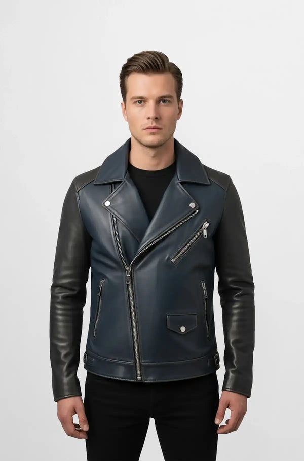 Midnight Blue Leather Moto Jacket Front view